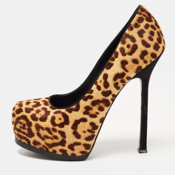 Saint Laurent Brown/Beige Leopard Print Calf Hair Tribtoo Pumps - Picture 1 of 9